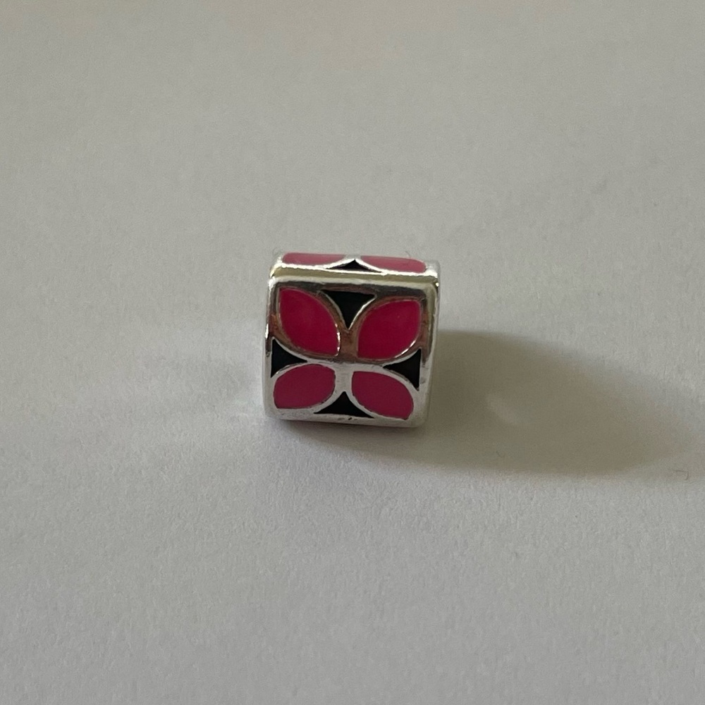 Elegant Pink Floral Enamel and 925 Sterling Silver Three Sided Pandora Charm